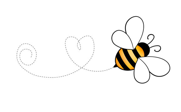 Set of cartoon bee mascot. A small bees flying on a dotted route. Wasp collection. Vector characters. Incest icon. Template design for invitation, cards. Doodle style