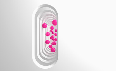 Abstract concept on the topic of menstruation. A lot of red balls flying out of the gallery of arches, symbolizing the female vagina. 3d illustration