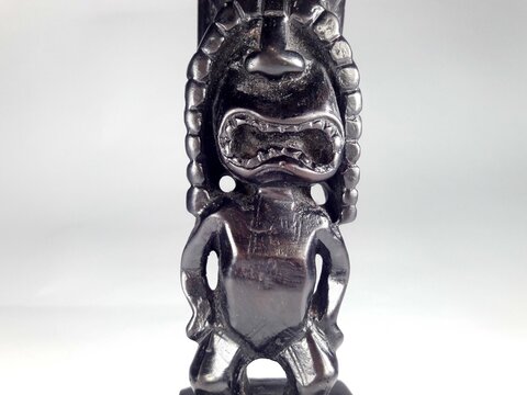 Old Hawaiian TIKI Hand-carved Black Wood Carving Statue, Tiki Statue On White Background