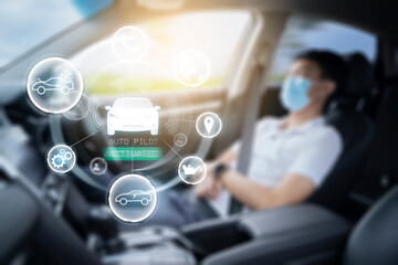 Auto pilot cruise mode self-driving car while sleeping taking rest, HUD Head Up Display and digital instruments panel autonomous user interface navigation utility screen smart technology businessman