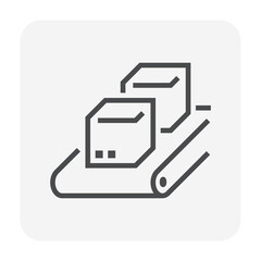 Factory plant production line vector icon. Industrial process with conveyor belt machine and cardboard box product packaging. Automatic system for manufacture, distribution, shipping. 64x64 pixel.