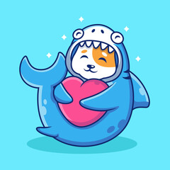 Cute Cat with Shark Costume Hug Heart Cartoon. Animal Vector Icon Illustration, Isolated on Premium Vector