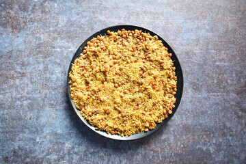 Deep fried Dal moth sev spicy Indian snack made from Masoor lentils