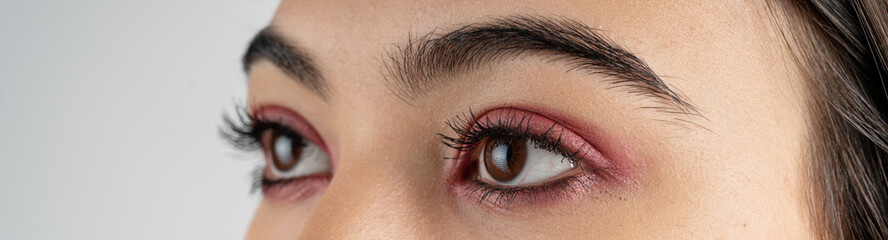 Macro shot of woman eye makeup with red eyeshadow. Close-up of woman eyelashes. Panoramic shot.