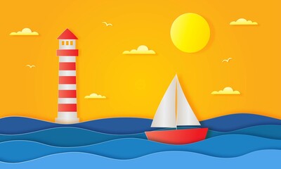 Naklejka premium hello summer with beach landscape background. paper art style. vector Illustration.
