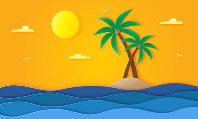 Fototapeta na wymiar hello summer with beach landscape background. paper art style. vector Illustration.