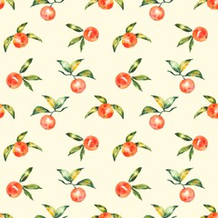 Watercolor illustration.  seamless pattern, orange tangerines or oranges with green leaves on a  light background.  design for textiles, clothing, wrapping paper, print for dishes, home.