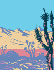WPA Poster Art of the Castle Mountains range and Joshua tree in the Mojave Desert within Castle Mountains National Monument San Bernardino County California done in works project administration style. - 426250581