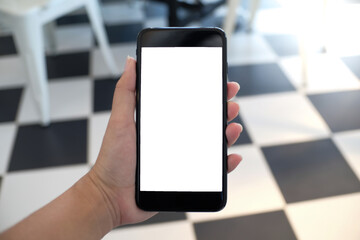 Close up of women's hands holding cell telephone blank copy space screen. smart phone with...