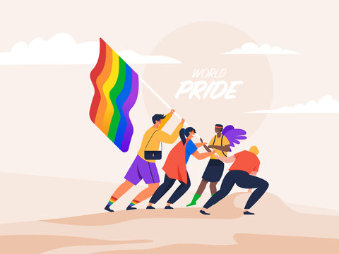 People group holding rainbow flag lgbt pride festival concept. illustration Vector