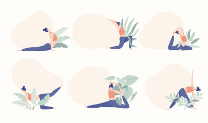 Set of slim sportive young woman doing yoga Isolated on white background. And an area for adding additional text. Vector
