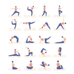 Fototapeta na wymiar Set of slim sportive young woman doing yoga and fitness exercises. Isolated on white background Vector.