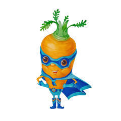 Superhero vegetables. Carrot. Watercolor illustration on a white background. 