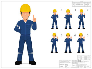 Set of industrial worker raise hand 0-5 on white background