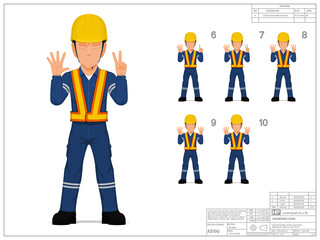 Fototapeta na wymiar Set of industrial worker raise hand 6-10 on white background