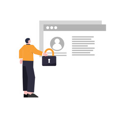 illustration of a man securing data on the internet. data safe.