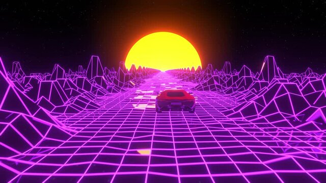 80s Retro Style CGI Animation. Futuristic Sport Car Driving through a Purple Grid Neon Landscape to a Yellow Sunset. Retrowave Seamless Loop.