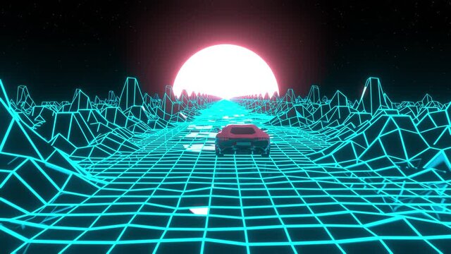 80s Retro Style CGI Animation. Futuristic Sport Car Driving Through a Blue Grid Neon Abstract Landscape to a Yellow Sunset. Retrowave Seamless Loop.