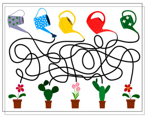 A puzzle game for kids. Go through the maze, which watering can that pours. Gardening tools, potted flowers. vector isolated on a white background