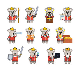 Koala king characters set in various situations, actions. Modern vector illustration