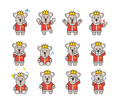 Koala king characters set showing various emotions, facial expressions. Modern vector illustration © paper_owl