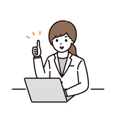 パソコンの前でグッドサインをする女性薬剤師