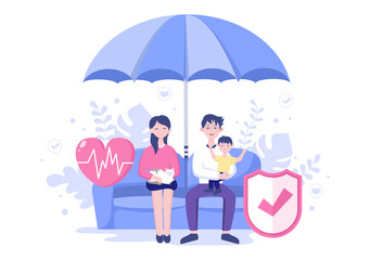 The Concept Umbrella Shield of Family Insurance About Care, Safety, Security and Protection. Vector Illustration