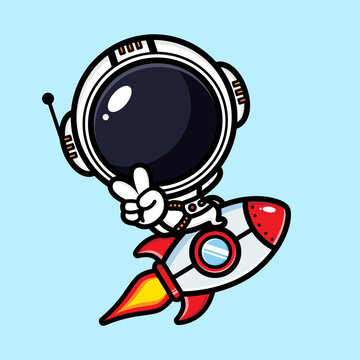 cute astronaut cartoon character design is riding a rocket
