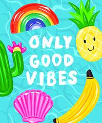 Swimming pool with inflatable colored toys. 
Pool party summer invitation poster concept with retro style vector illustration and creative typography. Vector illustration