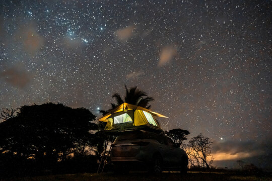 Car With Roof Top Tent Under A Starry Sky, Overland