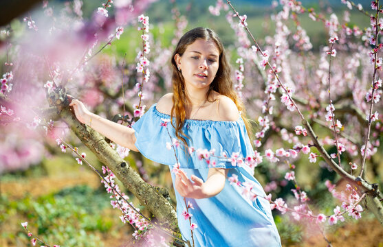 Portrait of young smiling woman in a garden with blooming peach trees. High quality photo