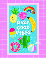 Swimming pool with inflatable colored toys. 
Pool party summer invitation poster concept with retro style vector illustration and creative typography. Vector illustration