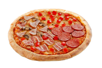 Pizza isolated on white background.Side view. Italian food concept. Appetizing pizza.