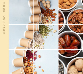 Collage of different types of nuts in ecofriendly cups high in vegan protein, vitamins and antioxidants for immune system boosting.