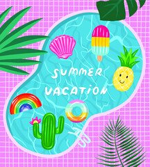 Swimming pool with inflatable colored toys. 
Pool party summer invitation poster concept with retro style vector illustration and creative typography. Vector illustration
