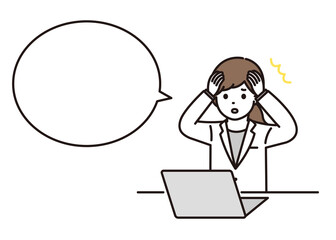 パソコンの前でパニックになる女性薬剤師 吹き出し
