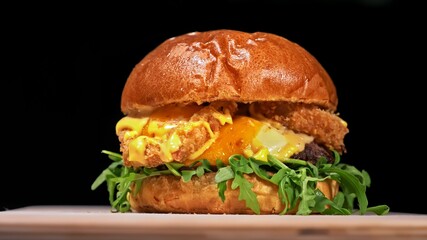 Craft burger is cooking on black background. Consist: sauce, arugula, tomato, red onion rings fries, cucumber, cheese, air bun and marble meat beef.