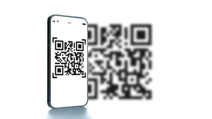 Qr code payment. Digital mobile smart phone with qr code scanner on smartphone screen for payment pay, scan barcode technology. Online shopping, cashless society technology concept.