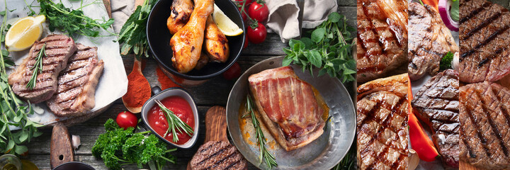 Collage of different types of Grilled meat  on rustic wooden table.