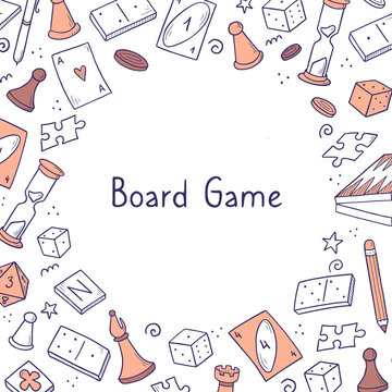 Hand drawn banner template with of board game element. Doodle sketch style. Vector illustration for board game shop, store background, game competition banner, frame