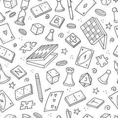 Hand drawn seamless pattern of board game element, cards, chess, hourglass, chips, dice, dominoes. Doodle sketch style. Isolated vector illustration for for board game shop, store.