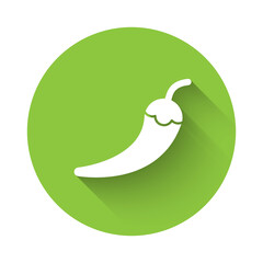 White Hot chili pepper pod icon isolated with long shadow. Design for grocery, culinary products, seasoning and spice package, cooking book. Green circle button. Vector
