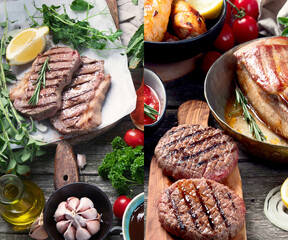 Collage of different types of Grilled meat  on rustic wooden table.