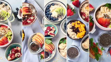 Collage of oatmeal bowls with delicious fruits and fresh berries on light background.