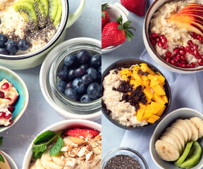 Collage of oatmeal bowls with delicious fruits and fresh berries on light background.