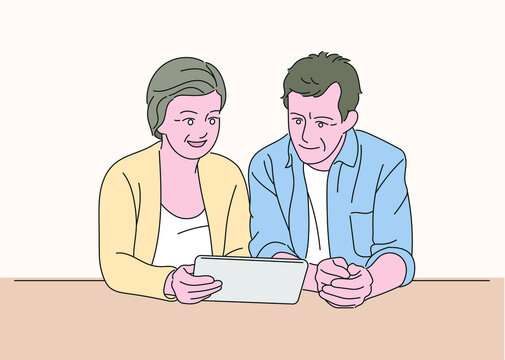 An older couple is looking at a tablet together. hand drawn style vector design illustrations. 