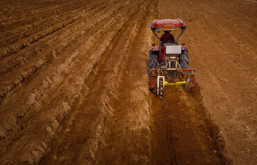 Obraz premium Farmer use tractor to plow raise soil embankment, lift trench drainage before planting sugarcane,preparing land with seedbed cultivator pre seeding activities agricultural works at farmlands.