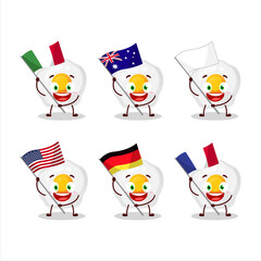 Fried egg cartoon character bring the flags of various countries