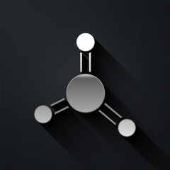 Silver Molecule icon isolated on black background. Structure of molecules in chemistry, science teachers innovative educational poster. Long shadow style. Vector