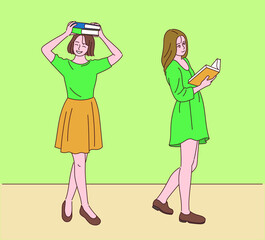 Two women are walking with books on their heads or open. hand drawn style vector design illustrations. 
